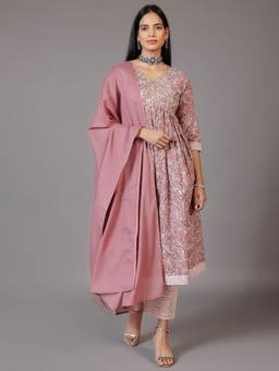 Libas - Womens Pink Printed Anarkali Kurta with Pant and Dupatta (Set of 3)