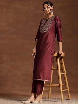 Libas - Womens Maroon Embroidered Kurta with Pant (Set of 2)