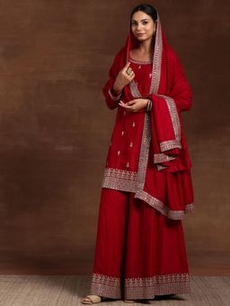 Libas - Womens Red Embroidered Kurta with Palazzo and Dupatta (Set of 3)