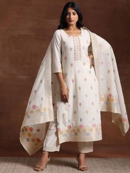 Libas - Womens Off White Embroidered Kurta with Pant and Dupatta (Set of 3)