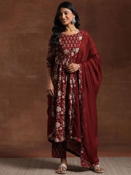 Libas - Womens Maroon Floral Anarkali Kurta with Pant and Dupatta (Set of 3)