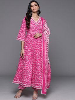 Libas - Womens Pink Floral Anarkali Kurta with Pant and Dupatta (Set of 3)