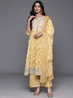 Libas - Womens Yellow Floral Kurta with Palazzo and Dupatta (Set of 3)