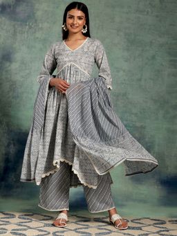 Libas - Womens Grey Printed Anarkali Kurta with Palazzo and Dupatta (Set of 3)