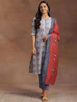 Libas - Womens Grey Printed Kurta with Pant and Dupatta (Set of 3)