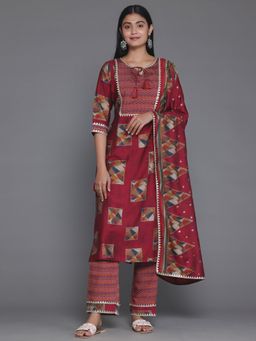 Libas - Womens Red Printed Kurta with Pant and Dupatta (Set of 3)