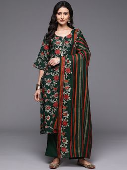 Libas - Womens Green Floral Kurta with Pant and Dupatta (Set of 3)