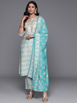 Libas - Womens Blue Printed Kurta with Pant and Dupatta (Set of 3)