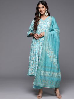 Libas - Womens Blue Printed Kurta with Pant and Dupatta (Set of 3)