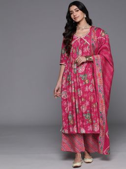 Libas - Womens Pink Floral Kurta with Palazzo and Dupatta (Set of 3)