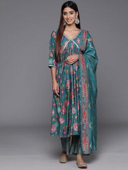 Libas - Womens Teal Floral Kurta with Palazzo and Dupatta (Set of 3)
