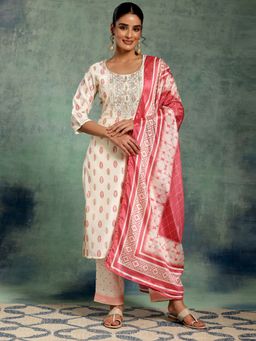 Libas - Womens Cream Printed Kurta with Pant and Dupatta (Set of 3)