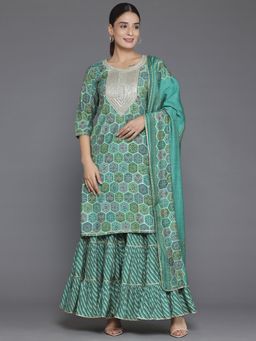 Libas - Womens Green Printed Kurta with Sharara and Dupatta (Set of 3)