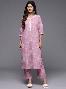 Libas - Womens Pink Floral Kurta with Pant (Set of 2)
