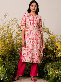 Libas - Womens Pink Floral Kurta with Pant (Set of 2)