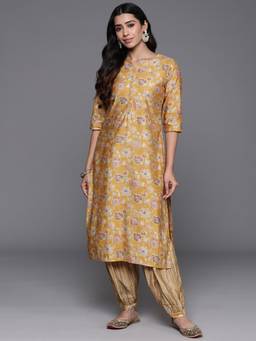 Libas - Womens Yellow Floral Kurta with Salwar (Set of 2)
