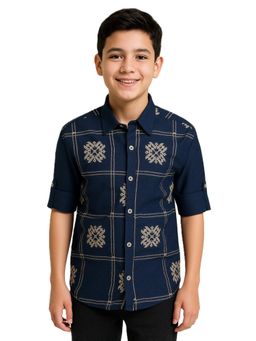 CHARCHIT - Boys Navy Blue Full Sleeves Embroidered Shirt
