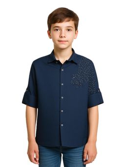 CHARCHIT - Boys Navy Blue Full Sleeves Embroidered Shirt