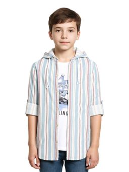 CAVIO - Boys Blue Full Sleeve Striped Hooded Shirt & T-shirt