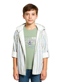 CAVIO - Boys Green Full Sleeve Striped Hooded Shirt & T-shirt