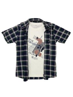CAVIO - Boys Green Checkered Zipper Shirt & T-Shirt