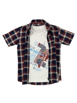 CAVIO - Boys Maroon Checkered Zipper Shirt & T-Shirt