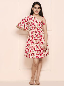 Lilpicks - One Side Shoulder Floral Fit N Flare Dress