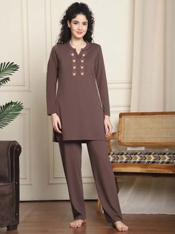 Indreams - Full Sleeves Long Nightsuit Brown