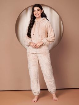 Secret Wish - Beige Solid Faux Fur Winter Night Suit