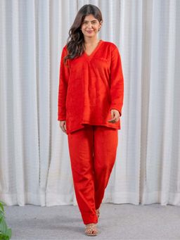 FEATHERS CLOSET - V-Neck Super Soft Red Woollen Nightsuit