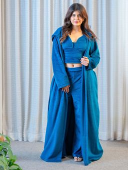 FEATHERS CLOSET - Blue Super Soft Woollen Robe & Bralette With Pant