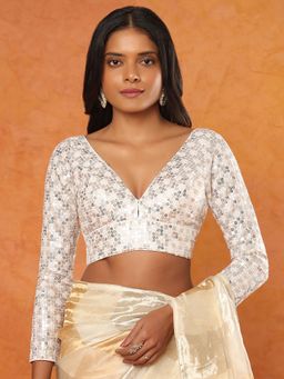 SALWAR STUDIO - White Embellished Full Sleeves Readymade Saree Blouse
