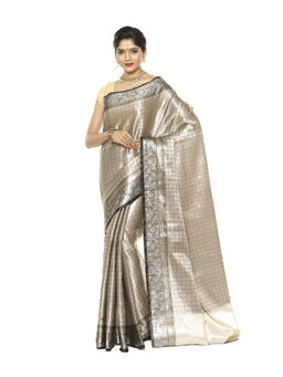 Banarasi Silk Works - Grey Kanchi Silk Zari Jamawar Border Saree with Unstitched Blouse