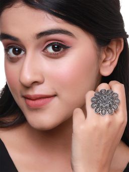 Yellow Chimes - Oxidised Adjustable Ring with Big Charm (Pack of 4)