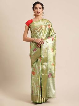 Banarasi Silk Works - Pistachio & Green Tissue Meena Jaal Border Saree with Unstitched Blouse