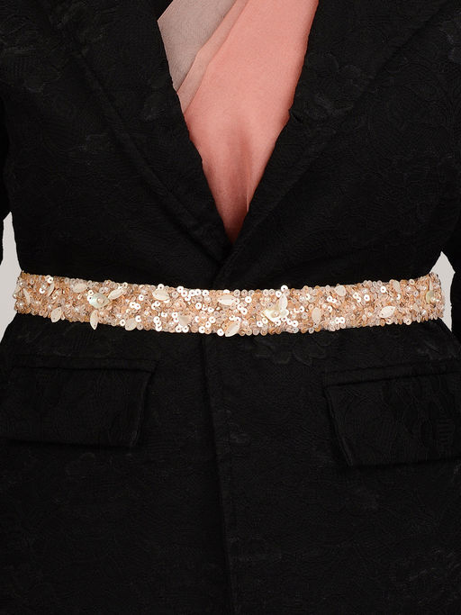 slim fit dress slacks 1980s Capriccio Gold Sequin Embellished Dress, Shawl & Belt Set – Vintage  by Misty main image 0