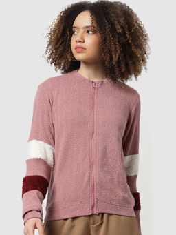 Campus Sutra - Women Pink Herringbone Zipper Sweatshirt