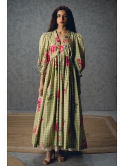 Paulmi & Harsh - Anna Women's Poplin Green Puff Sleeves Dress