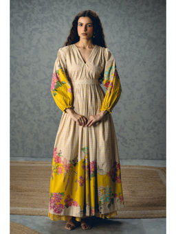 Paulmi & Harsh - Elena Women's Poplin Ivory Puff Sleeves Dress with Belt