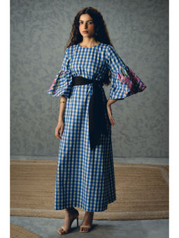 Paulmi & Harsh - Yutori Women's Poplin Blue Puff Sleeves Dress with Belt