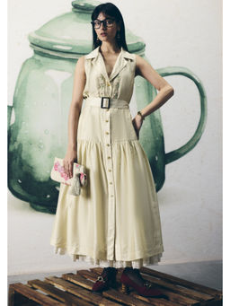 Paulmi & Harsh - Kori Women's Silk Ivory Sleeveless Dress with Belt
