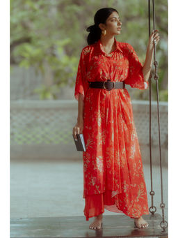 Paulmi & Harsh - Bloom Women's Crepe Red Half Sleeves Dress with Belt
