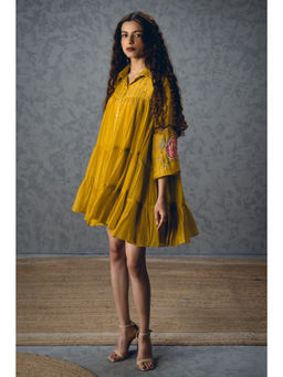 Paulmi & Harsh - Lana Women's Silk Mustard Half Sleeves Dress