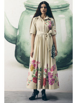 Paulmi & Harsh - Moonflower Women's Poplin Ivory Half Sleeves Dress with Belt