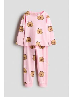 H&M - Girls Pink Printed Cotton Pajama And T-Shirt