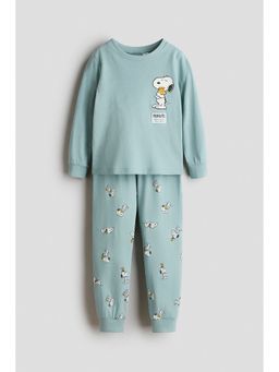 H&M - Boys Turquoise Printed Cotton Joggers And T-Shirt