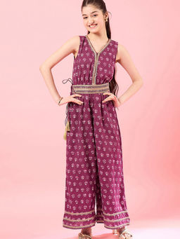 Hopscotch - Girls Burgundy All Over Printed Embellished Sleeveless Jumpsuit