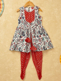 Hopscotch - Girls White & Red Ethnic Print Cotton Kurta & Dhoti Ethnic Set