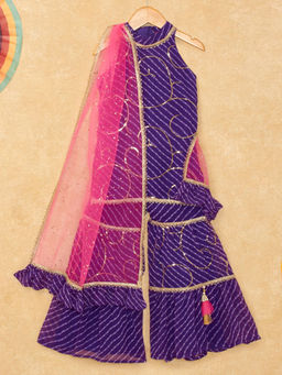 Hopscotch - Girls Purple & Pink Stripe Print Kurti & Sharara Ethnic Set with Dupatta
