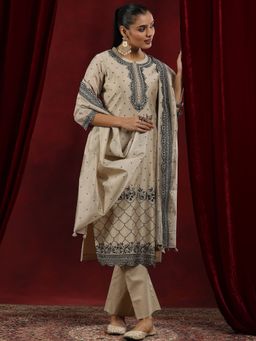 Libas Art - Beige Floral Embroidered Kurta and Pant with Dupatta (Set of 3)